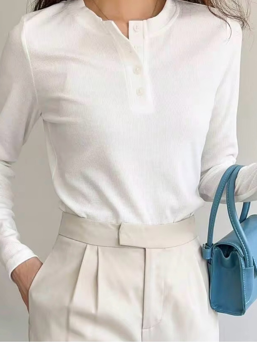 Classic White Ribbed Henley Long-Sleeve Top